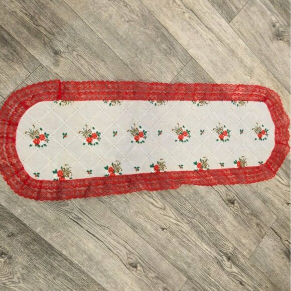 Vintage Christmas Lace Table runner Poinsettia Gold bows Handmade table decor - Picture 3 of 9